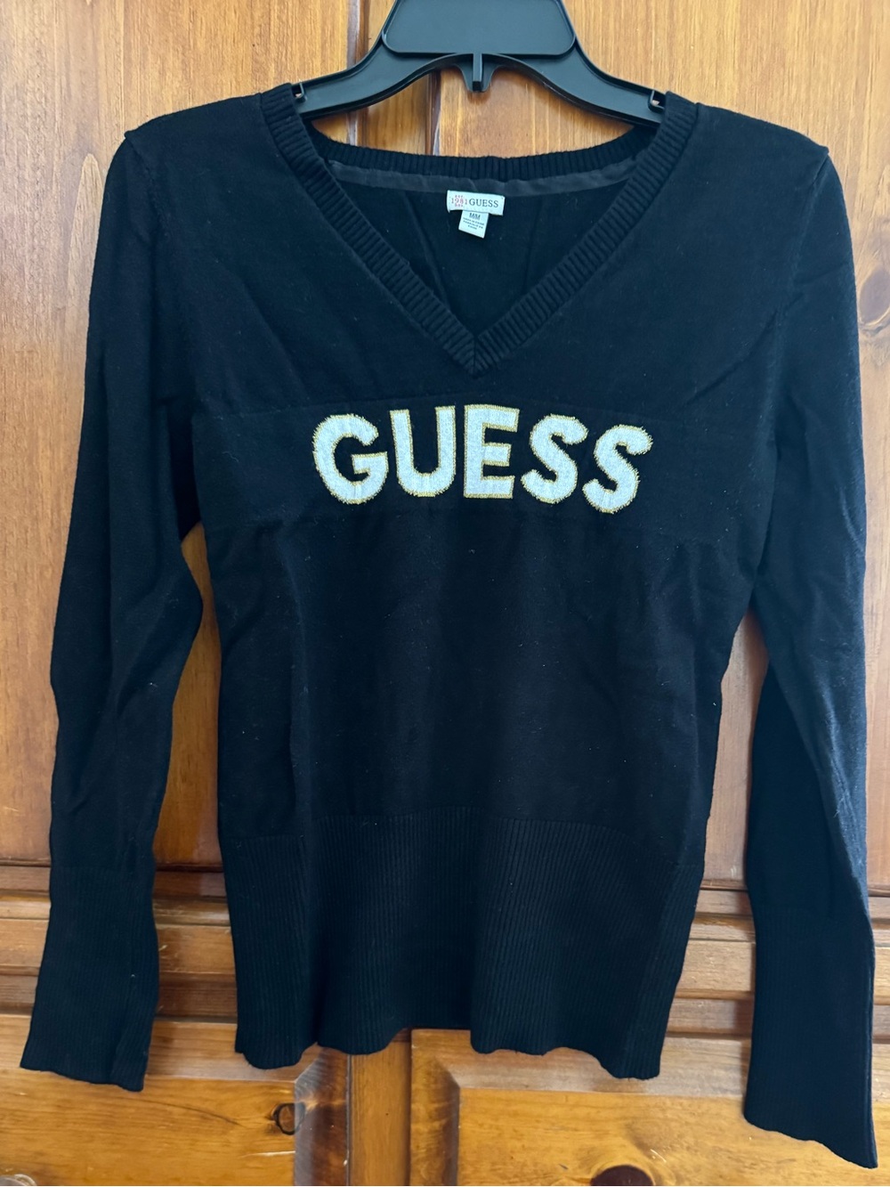 GUESS Black V-Neck Sweater with Cream Lettering